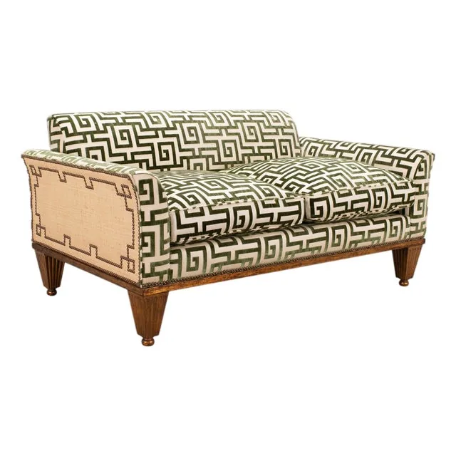 20th C. Art Deco Style Greek Key Velvet and Raffia Settee