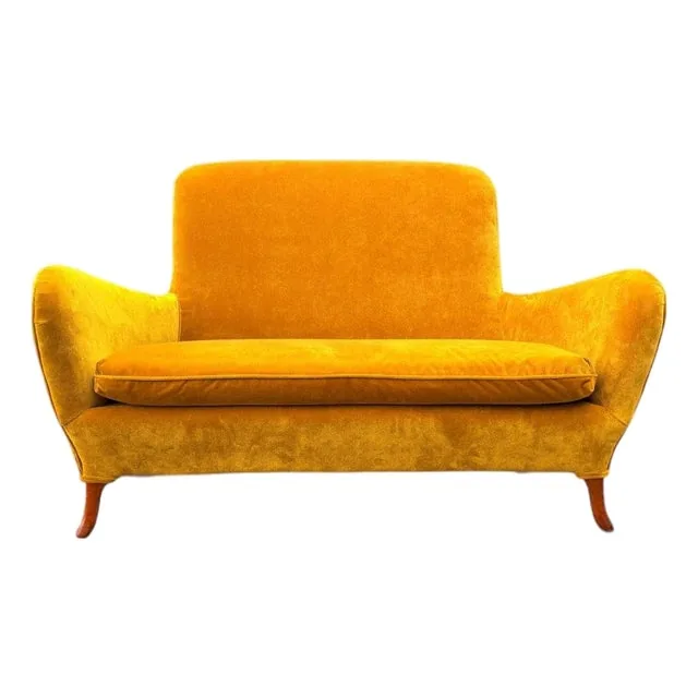 Italian Mid-Century Modern Sculptural Wing Arm Loveseat | Restored in Saffron Velvet | C. 1950s