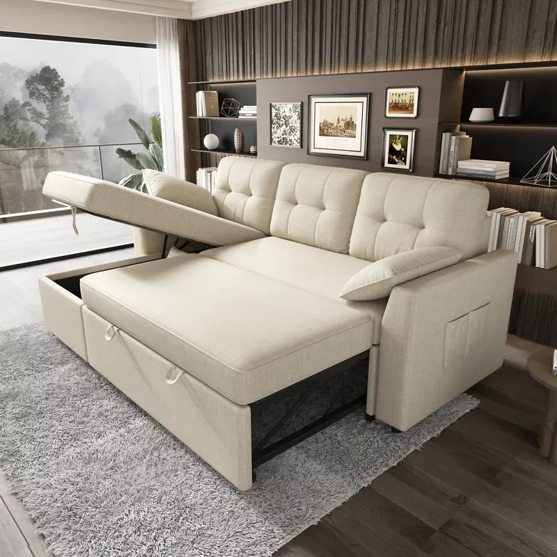 AMERLIFE 84" L-Shaped Sleeper Sofa Beige