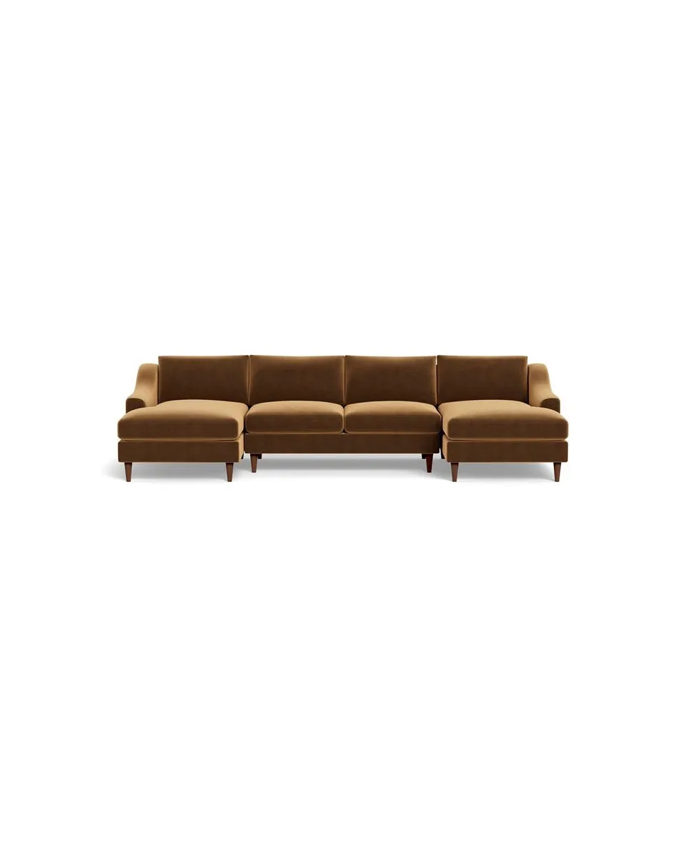 Saylor Custom 3-Piece U-Sectional in Fawn Performance Velvet, Oiled Walnut, 132" - Customize Color, Size & More