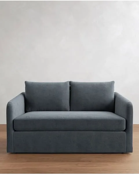 Charlotte Slipcovered Apartment Sofa with Bench Cushion, Polyester Wrapped Cushions, Performance Luxe Chenille Steel Blue