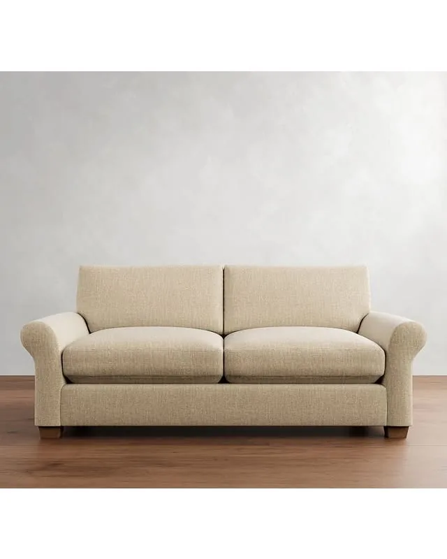 PB Comfort Modern Roll Arm Upholstered Sleeper Sofa Seadrift Finish, Down Blend Wrapped Cushions, Performance Heathered Basketweave Oatmeal