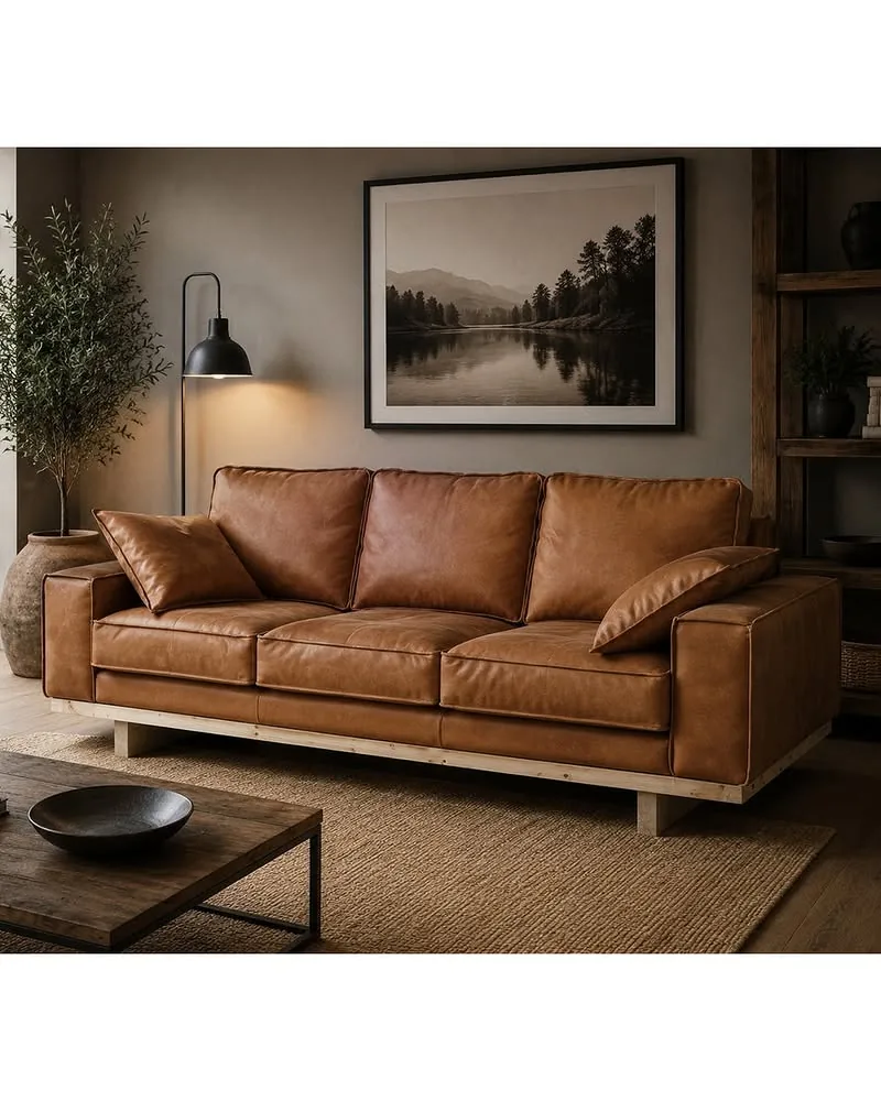Wainscot Top Grain Leather Sofa - Light Chestnut
