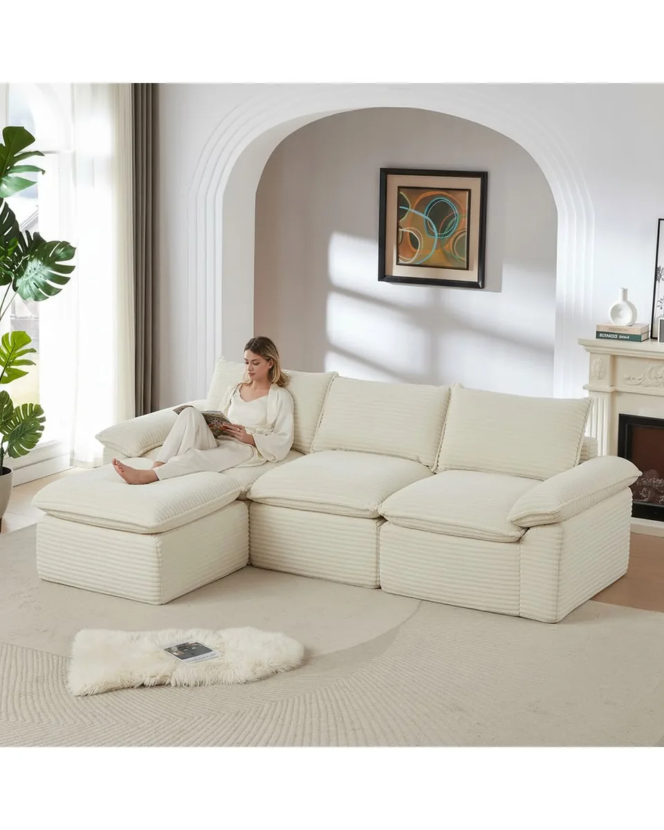 Modern Cloud Corduroy Modular Sectional Sofa w Ottoman White