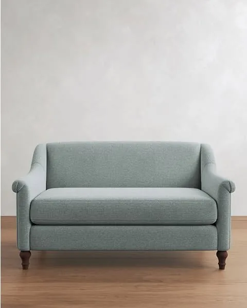 Josie Upholstered Apartment Sofa 58", Polyester Wrapped Cushions, Performance Heathered Basketweave Chambray